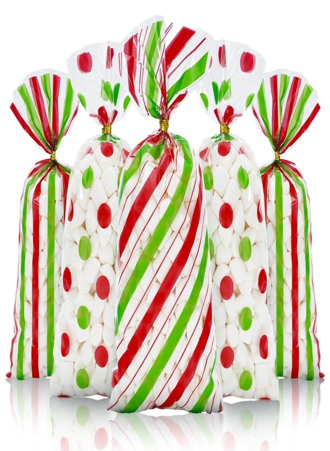 Whaline 150Pcs Christmas Cellophane Treat Bags Red Green Stripes Dots Candy Cookie Treat Bags with Twist Ties Xmas Plastic Goodie Gift Bags for Snack Packing Holiday Party Favors - Image 1